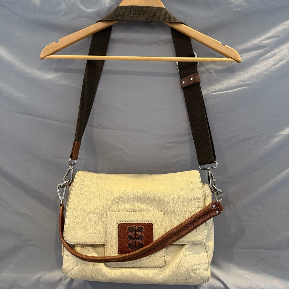 Orla Kiely Off-White Leather Satchel w/ Flap & Brown Straps Signature Stem Logo